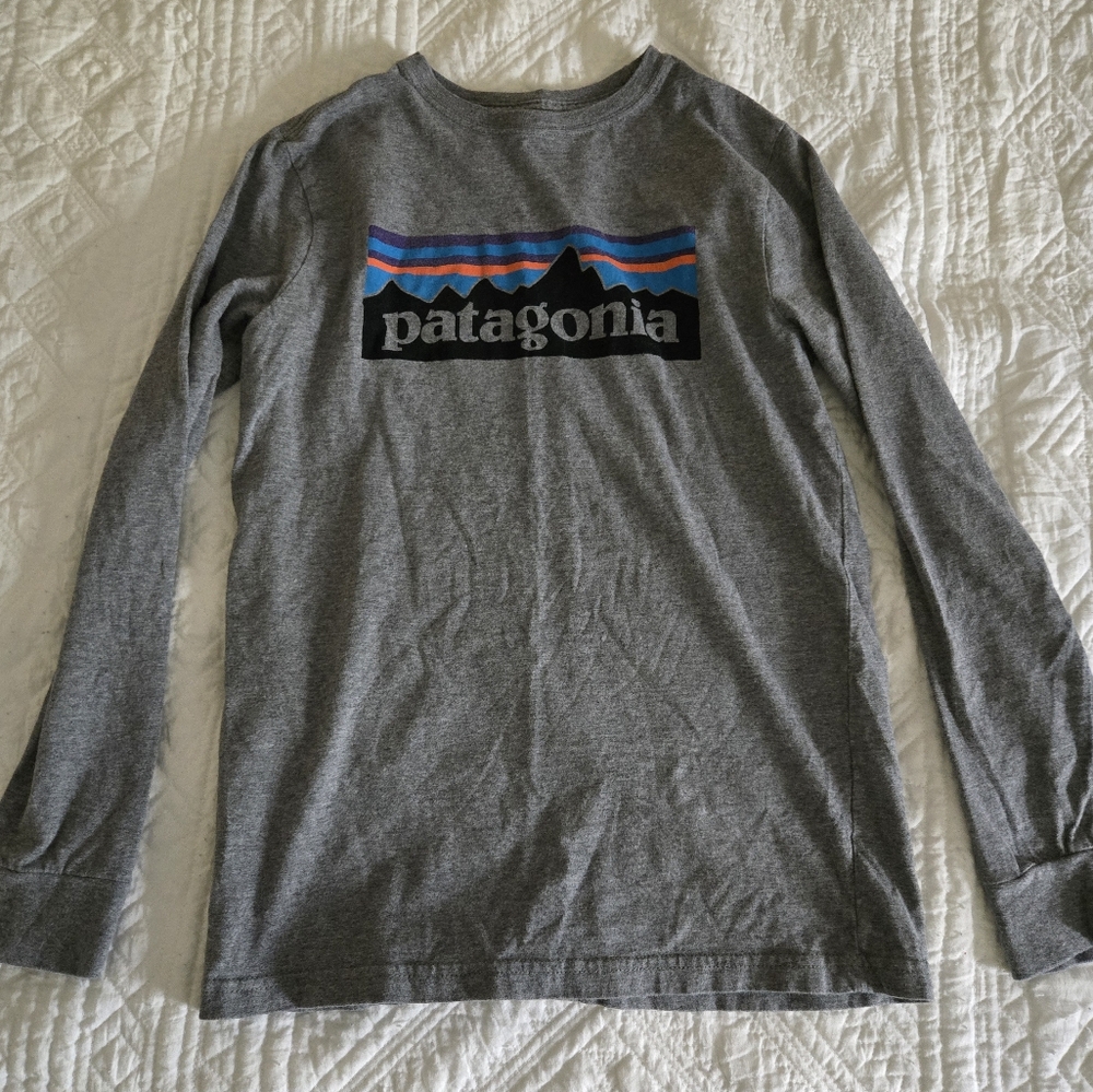 Boy's Patagonia Gray Long Sleeve with Mountain Stripe